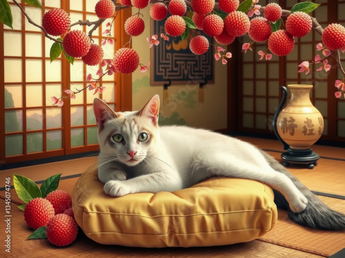 Obraz na płótnie A white cat is laying on a cushion in front of a vase of red fruit. The cat is looking at the camera with a curious expression. The image has a calm and peaceful mood, with the cat w salonie