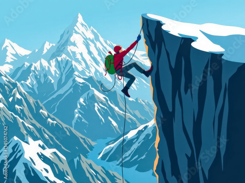 Obraz na płótnie A man is climbing a mountain with a backpack. The mountain is covered in snow and the man is wearing a red jacket w salonie