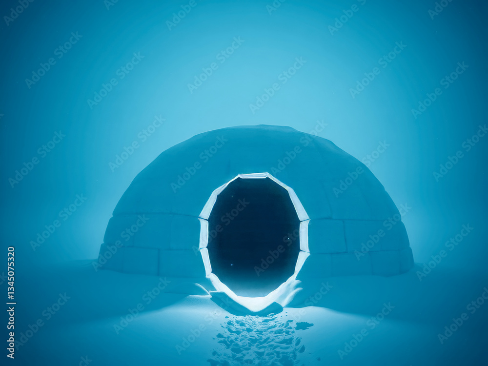 A blue igloo with a light shining through the entrance. The igloo is made of ice and snow