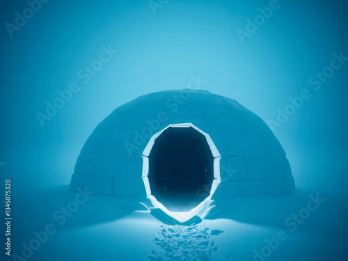 Obraz na płótnie A blue igloo with a light shining through the entrance. The igloo is made of ice and snow w salonie