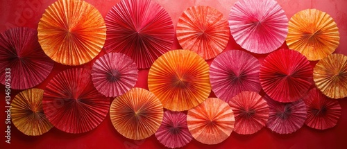 Colorful paper fans arranged against a red background in a pattern