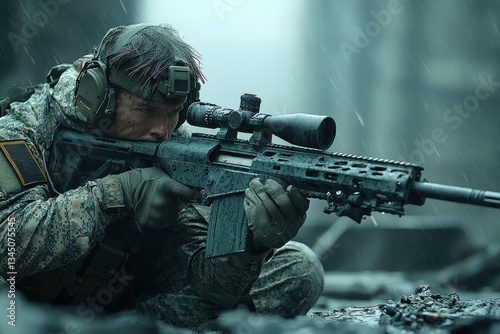 Soldier takes aim with precision rifle in a rain-soaked urban environment during a military training exercise