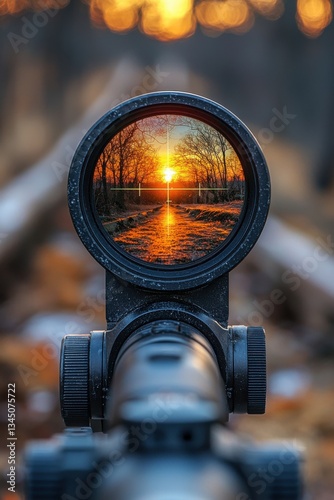 Scenic sunset view captured through a rifle scope in a forest setting during autumn