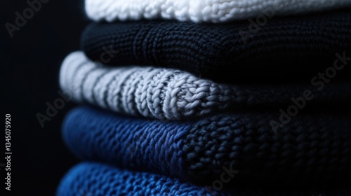 Stack of knitted sweaters in various shades