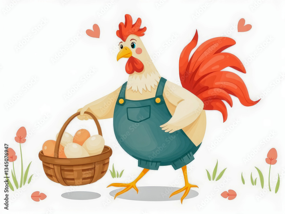 A cartoon chicken is holding a basket full of eggs. The chicken is wearing blue overalls and has a red comb. The image has a playful and lighthearted mood, as the chicken is carrying a basket of eggs