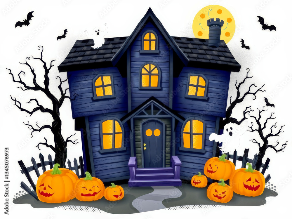A house with a spooky Halloween theme. The house is decorated with pumpkins and bats. Scene is eerie and Halloween-like