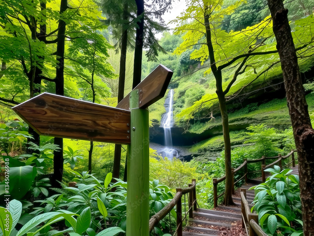 A sign pointing to a waterfall is on a green post. The waterfall is in a lush green forest