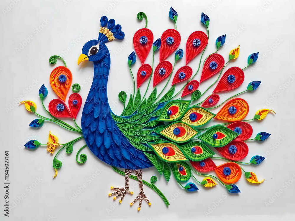 A colorful peacock made of paper. The peacock is standing on a white background. The peacock is made of different colored paper and has a crown on its head