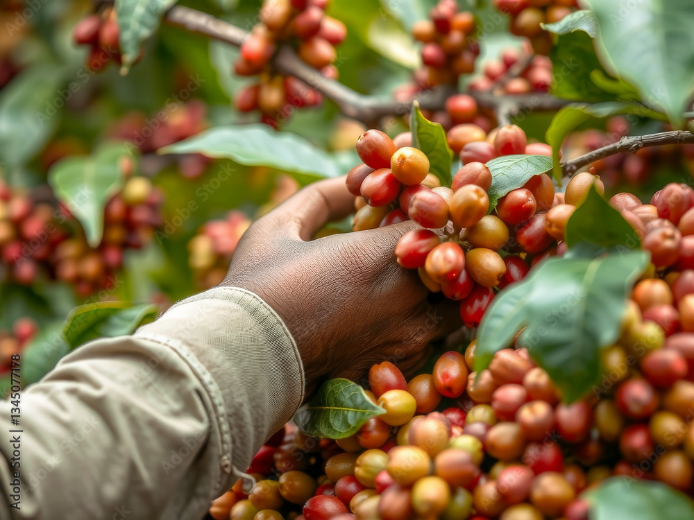 A hand is reaching for a bunch of red berries. The berries are ripe and ready to be picked