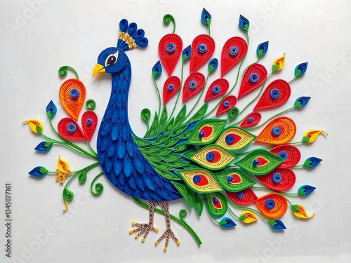 Obraz na płótnie A colorful peacock made of paper. The peacock is standing on a white background. The peacock is made of different colored paper and has a crown on its head w salonie