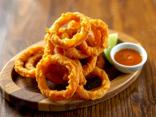 Obraz na płótnie A plate of fried onion rings sits on a wooden table. A small bowl of ketchup is placed next to the plate w salonie