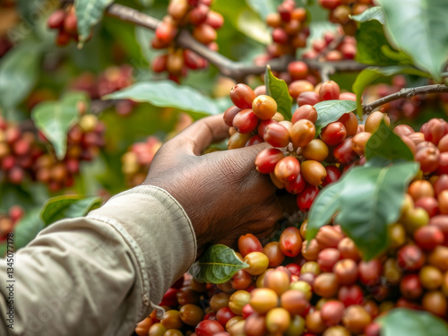 Obraz na płótnie A hand is reaching for a bunch of red berries. The berries are ripe and ready to be picked w salonie