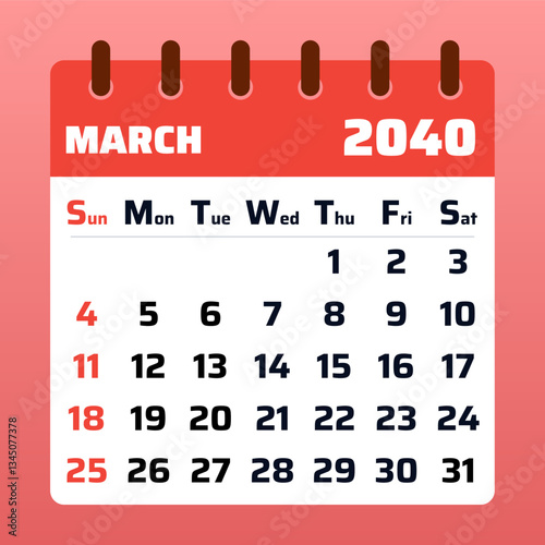 2040 March Calendar Layout. Vector illustration of a March 2040 planner on red background. March 2040 Calendar Template. Flat design. Vector illustration
