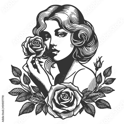 Elegant Woman Holding a Rose Flower vector