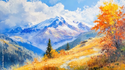 An impressionistic painting shows mountains and colorful fall foliage scenery