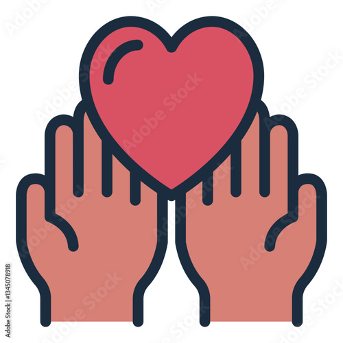 Hands holding heart filled line icon for love and support