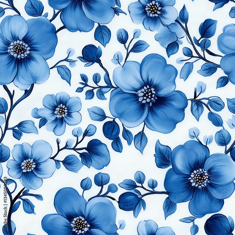 Obraz premium Seamless pattern of Delft blue flowers on white porcelain
