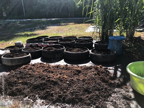 A home garden with organic soil being prepared, compost fertilizer applied, old tires used as planting containers, home gardening hobby, sustainable farming concept