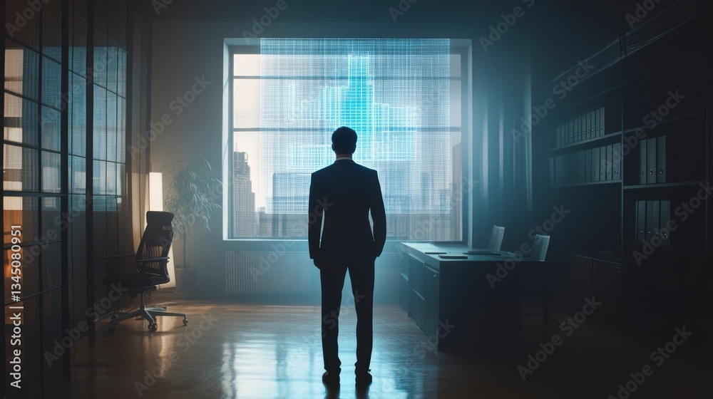 Fototapeta premium Businessman looking at digital city skyline in office
