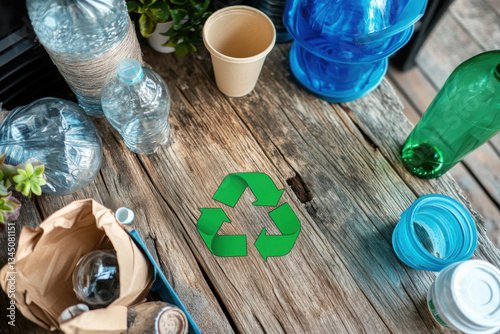 Recycling symbol and different garbage on wooden background, top view