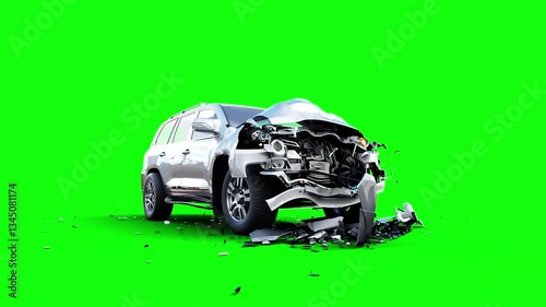 Generic 3d car crash test. Car destruction. Green screen isolate.