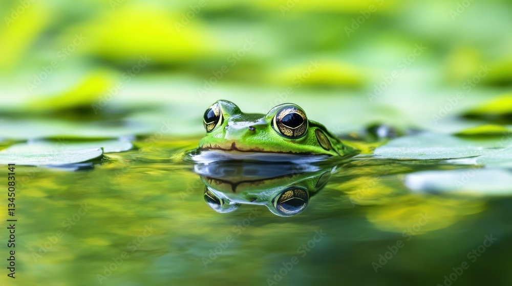 A vibrant green frog rests in calm waters, framed by lush plants reflecting off the serene ponds surface. A vibrant green frog rests in calm waters, framed by lush plants reflecting off the serene ponds surface.