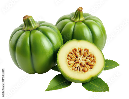 Fresh Green Garcinia Cambogia Fruits with Half Cut Section Showing Seeds and Natural Leaves Isolated on Transparent and White Background