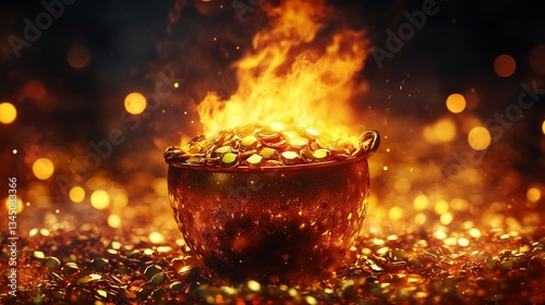 Burning Pot of Gold, St. Patrick's Day Theme with Fire and Gold, Simple Background