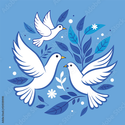 Blue and White Dove Birds of Peace Hand Drawn Vector Illustration
