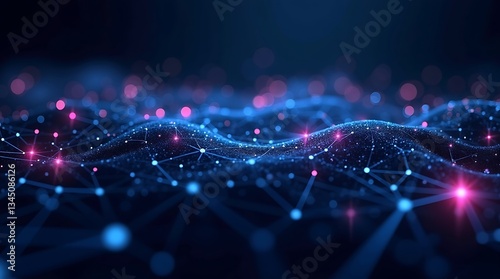 Abstract network, digital connections, neon blue and pink, geometric shapes, futuristic, dark background,
