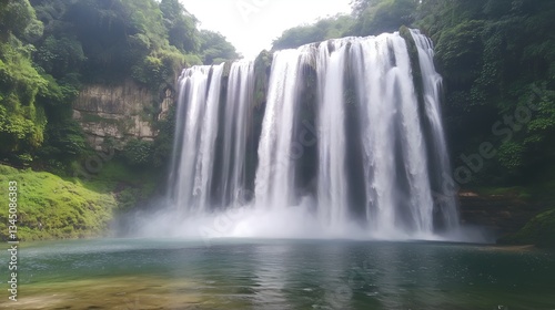A majestic waterfall cascading into a crystal-clear pool below, surrounded by lush green vegetation. Focus on the water's movement and the spray of the falls