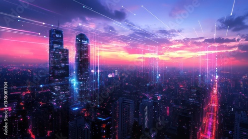 Wallpaper Mural Futuristic city skyline, sunset, data streams, urban development, tech Torontodigital.ca