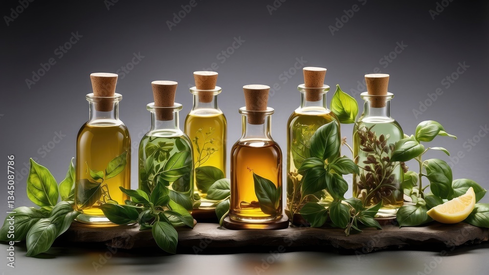 Several glass bottles, likely containing essential oils, are arranged amongst various fresh basil leaves. Several glass bottles, likely containing essential oils, are arranged amongst various fresh basil leaves.