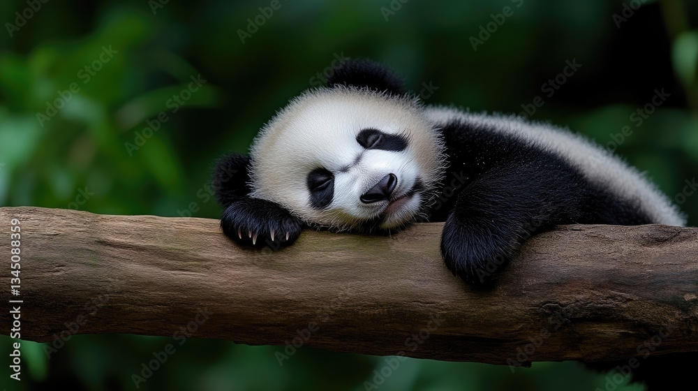 Obraz premium Sleepy panda cub resting on a log. A charming and adorable baby panda napping peacefully on a branch in a lush forest setting