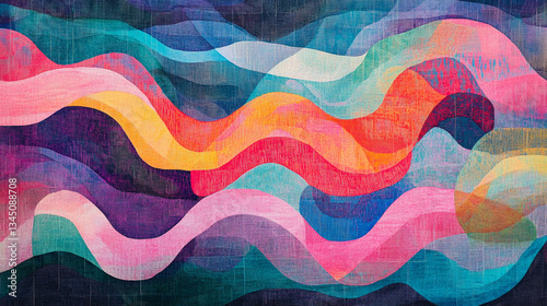 Colorful abstract waves in vibrant hues flowing across a textured canvas, evoking a sense of movement