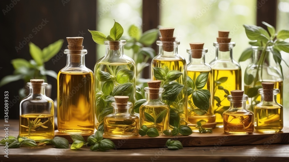 Several glass bottles, likely containing essential oils, are arranged amongst various fresh basil leaves. Several glass bottles, likely containing essential oils, are arranged amongst various fresh basil leaves.