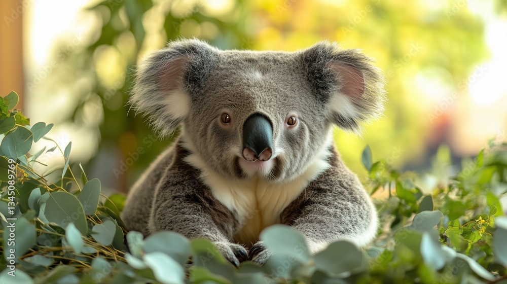 Fototapeta premium Gentle koala with a soft gaze on a eucalyptus green blurred backdrop.