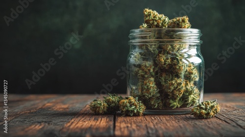 Glass jar filled with cannabis buds, wooden surface, dark background. For designs related to cannabis, legalisation, or alternative medicine.