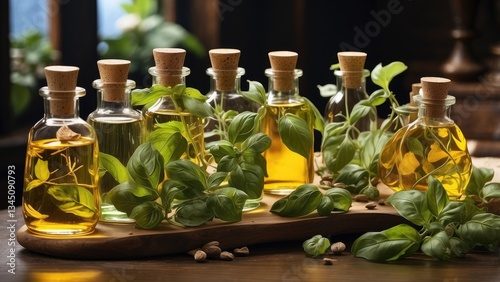 Several glass bottles, likely containing essential oils, are arranged amongst various fresh basil leaves.