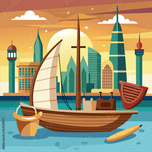 Traditional Emirati Boat Adorned by Dubai's Creek in Twilight Hours