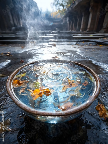 Autumn Leaves in a Water-Filled Bowl at an Ancient Stone Temple