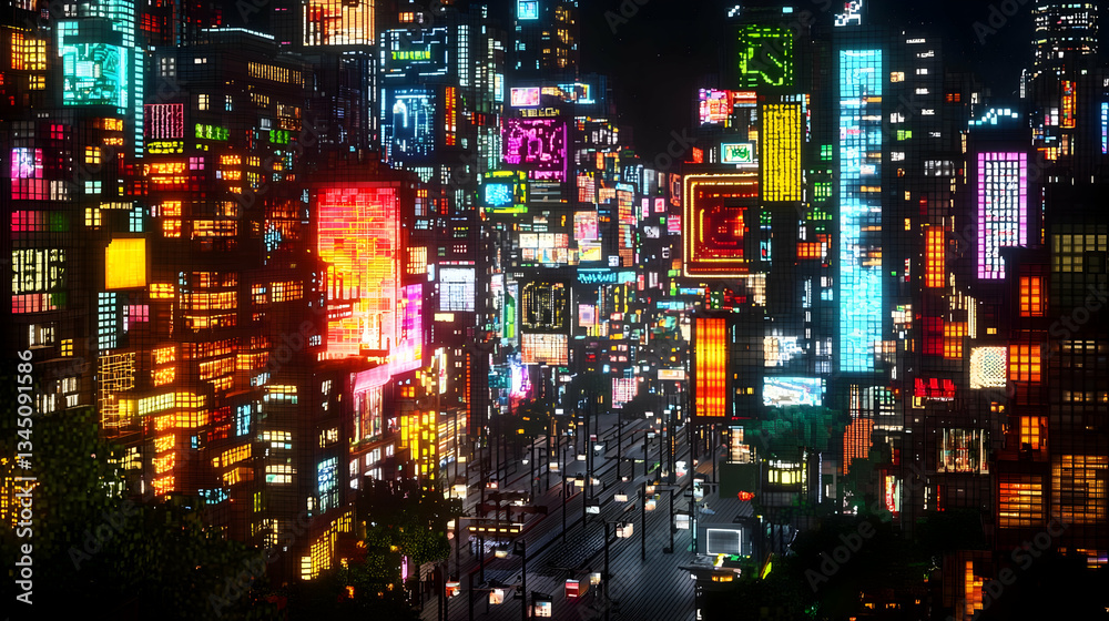 Obraz premium Vibrant Futuristic Cyberpunk Night Cityscape