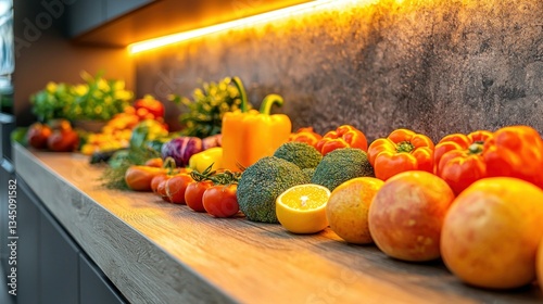 Fototapeta Naklejka Na Ścianę i Meble -  Fresh vegetables & fruits arranged neatly on wood countertop. Warm lighting