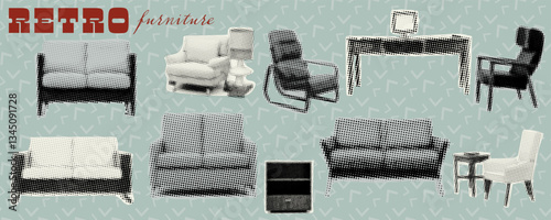 This retro halftone furniture illustration features mid-century modern chairs, sofas, and tables with a bold graphic aesthetic. The vintage-inspired dotted texture and muted color.