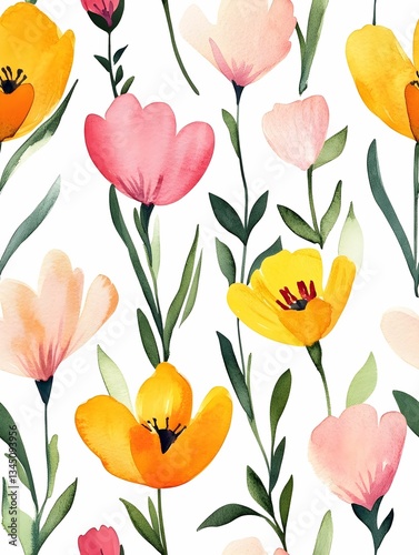 Wallpaper Mural Watercolor floral pattern with pink, yellow blossoms and verdant leaves spreading across white background, complementing design projects Torontodigital.ca