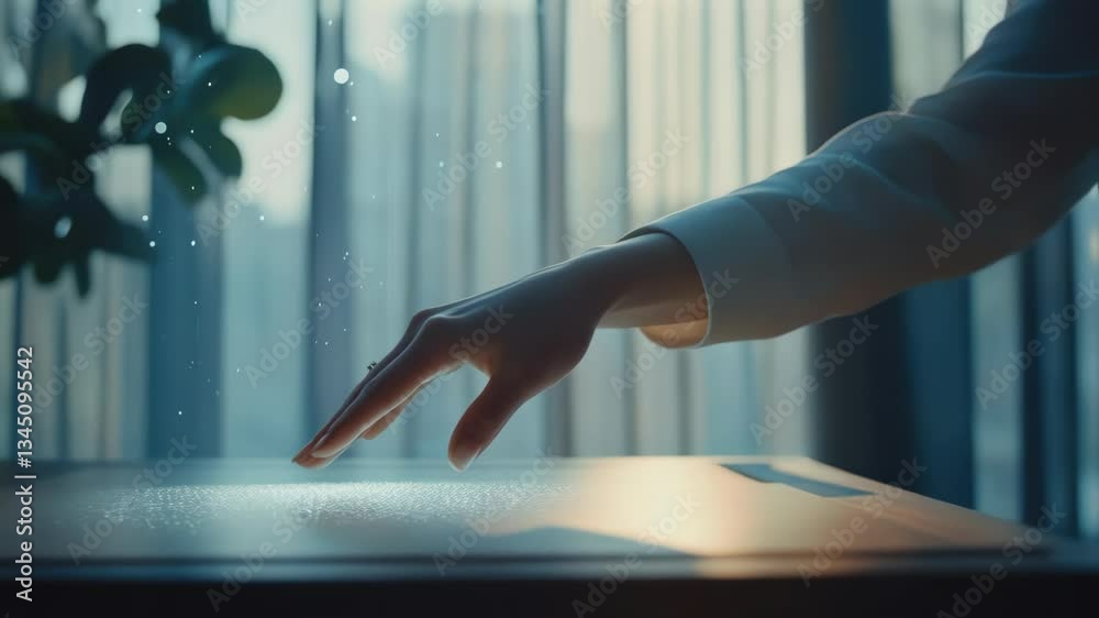 Elegant female hand with a ring interacts with a futuristic interactive table display, triggering glowing particles and digital effects in a modern office or home setting