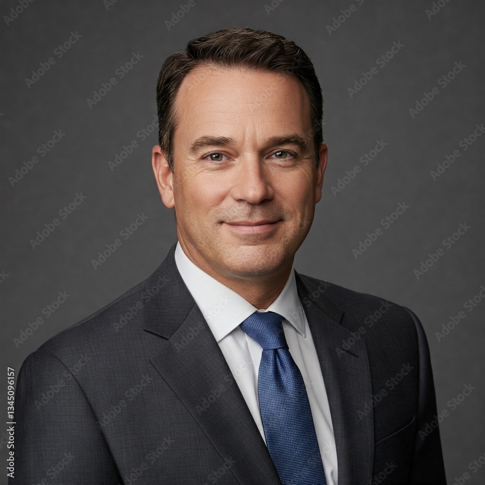 Professional studio portrait of a confident middle-aged man smiling gently, wearing a dark suit and tie against a gray background. Professional studio portrait of a confident middle-aged man smiling gently, wearing a dark suit and tie against a gray background.