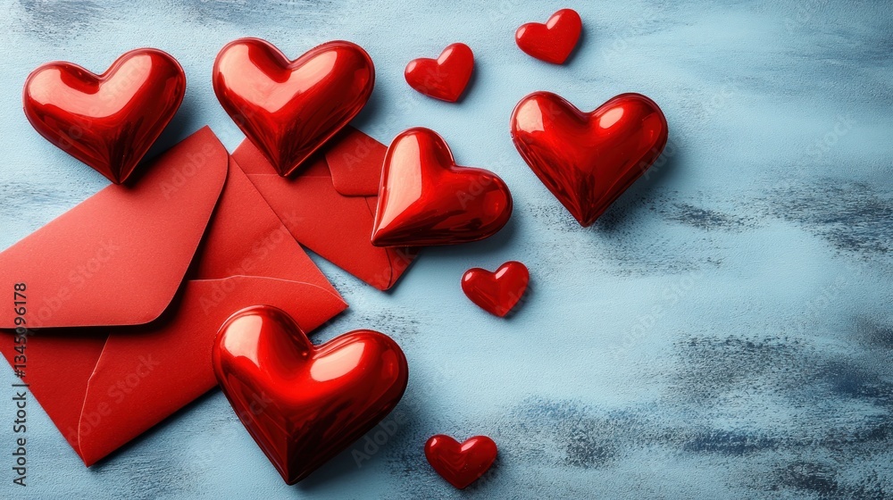 Obraz premium Red hearts and envelopes rest on a painted blue background