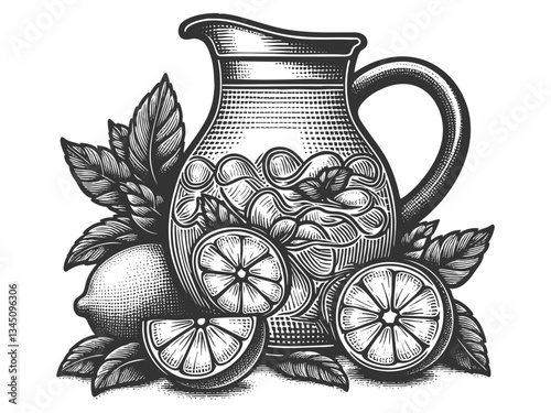 Vintage Pitcher with Lemonade and Citrus Fruits