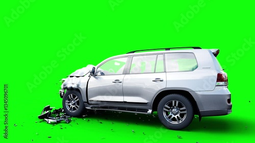 Generic 3d car crash test. Car destruction. Green screen isolate.